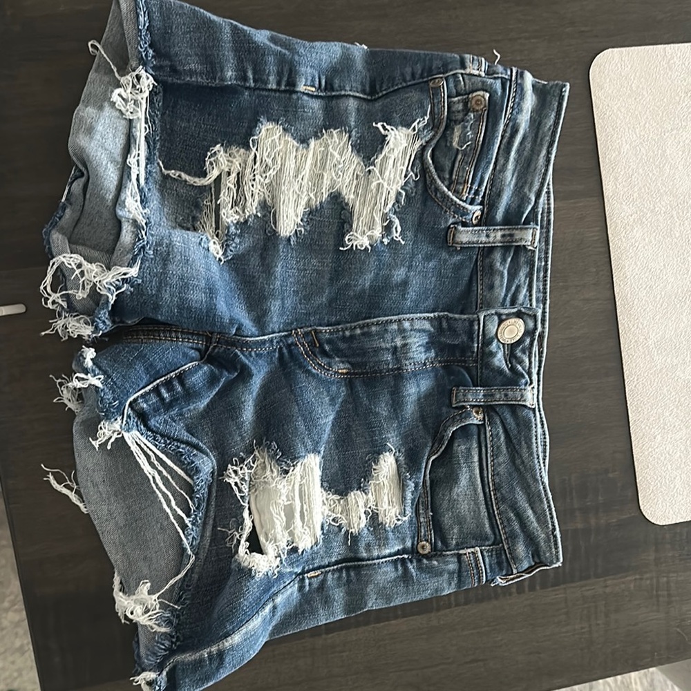 Blue and White Distressed Jean Shorts